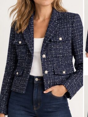 Central Park West Navy Tweed Pearl-Button Cropped Blazer